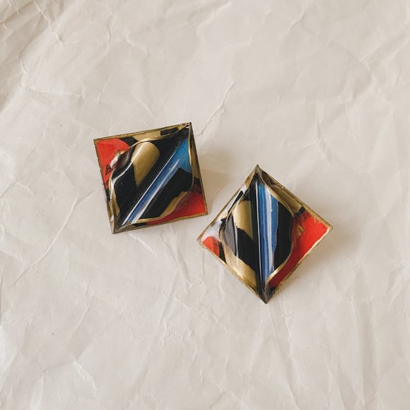 Vintage Orange Blue Gold Funky Abstract Mod Diamond Plastic Statement Earrings - Picture 4 of 10